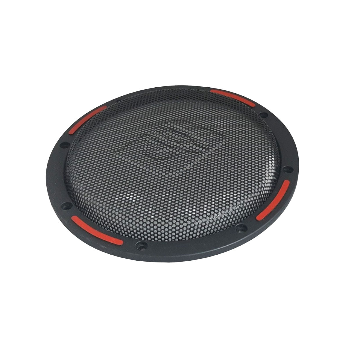 The HED Series Grill 12" Subwoofer (H712GRL) is a round, black grill with expanded metal mesh for audio equipment. It has a circular frame with four red accents and a slight curve to fit over a 12" subwoofer cone.